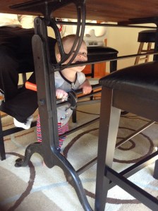 Taunting us, knowing he shouldn't be chewing on the table